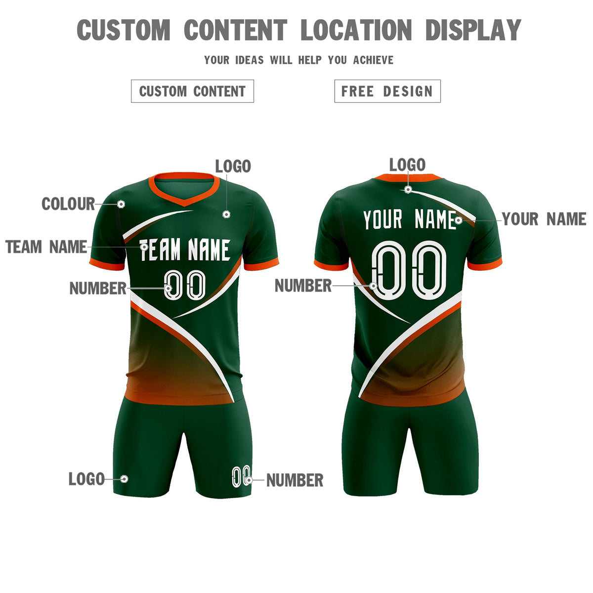 Custom Green Orange Color Block Training Uniform For Men Soccer Sets Jersey