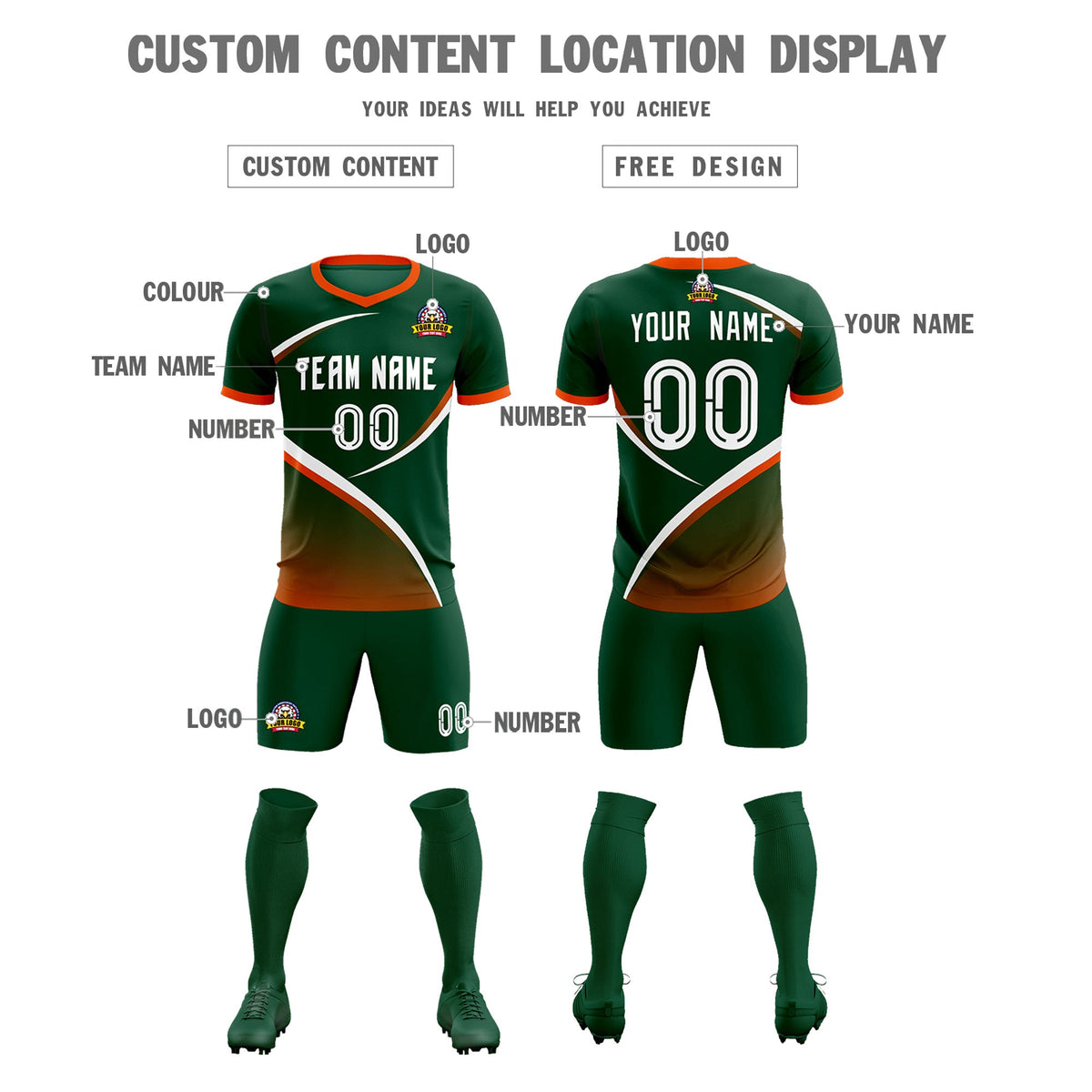 Custom Green Orange Color Block Training Uniform For Men Soccer Sets Jersey