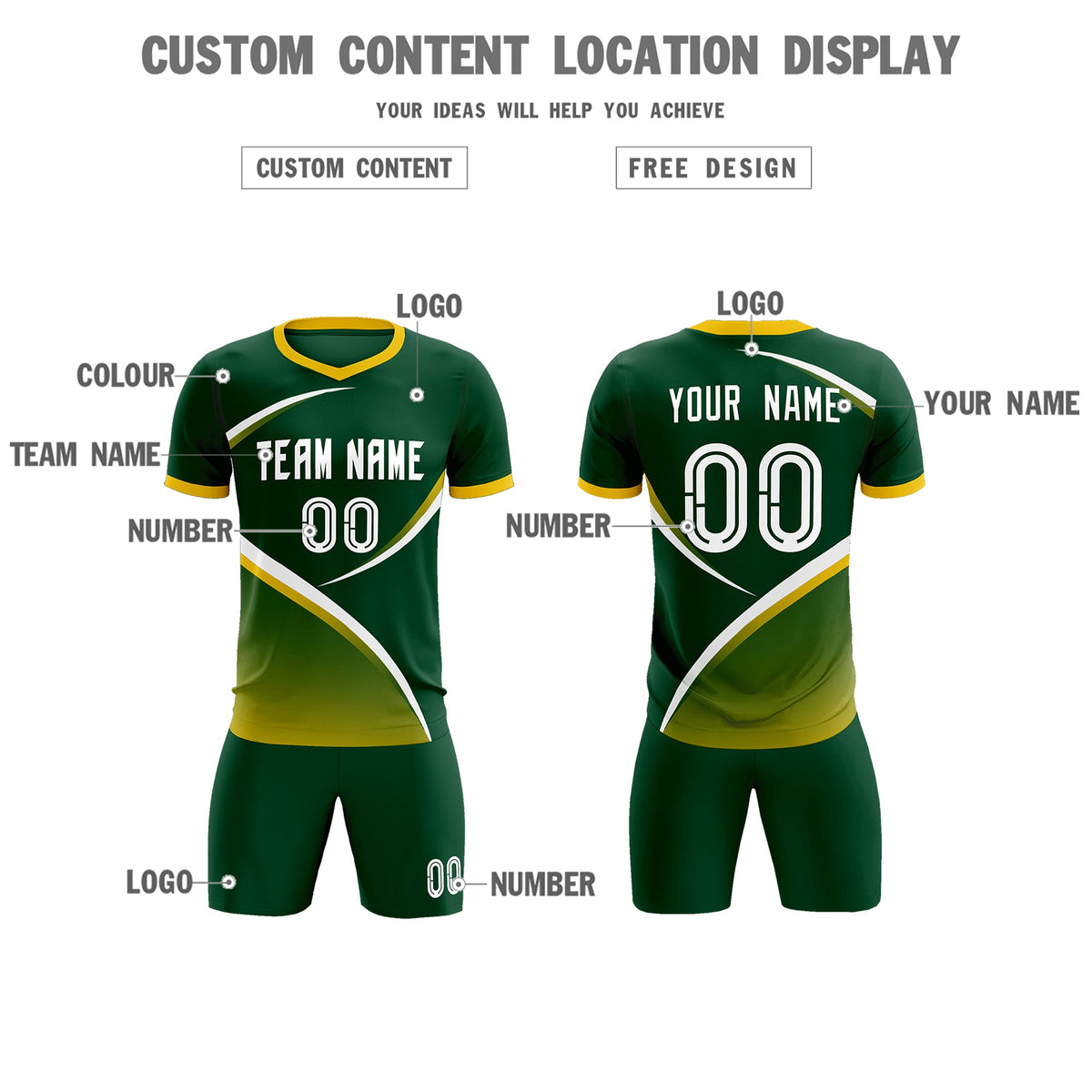 Custom Green Gold Color Block Training Uniform For Men Soccer Sets Jersey