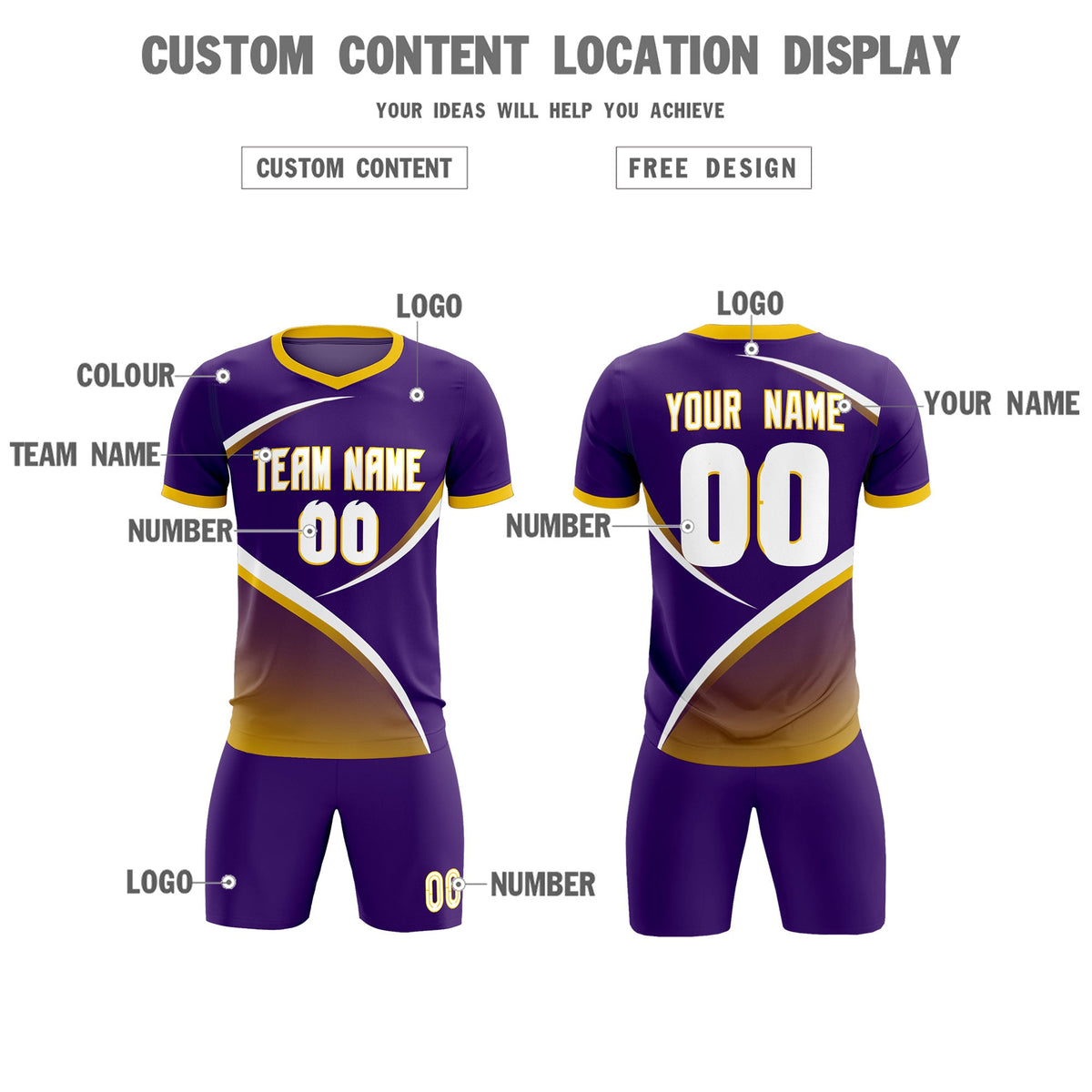 Custom Purple Gold Color Block Training Uniform For Men Soccer Sets Jersey
