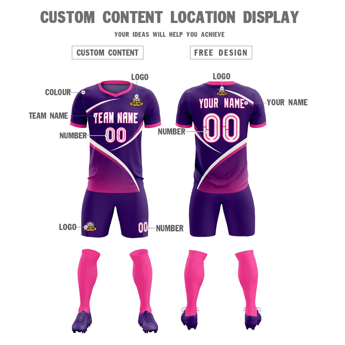 Custom Purple Pink Color Block Training Uniform For Men Soccer Sets Jersey
