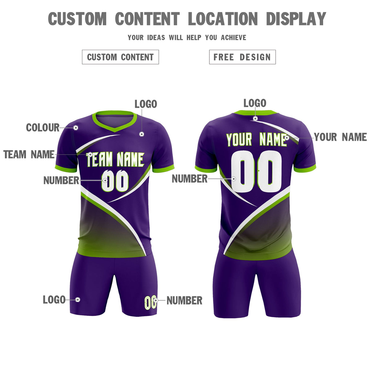 Custom Purple Neon Green Color Block Training Uniform For Men Soccer Sets Jersey