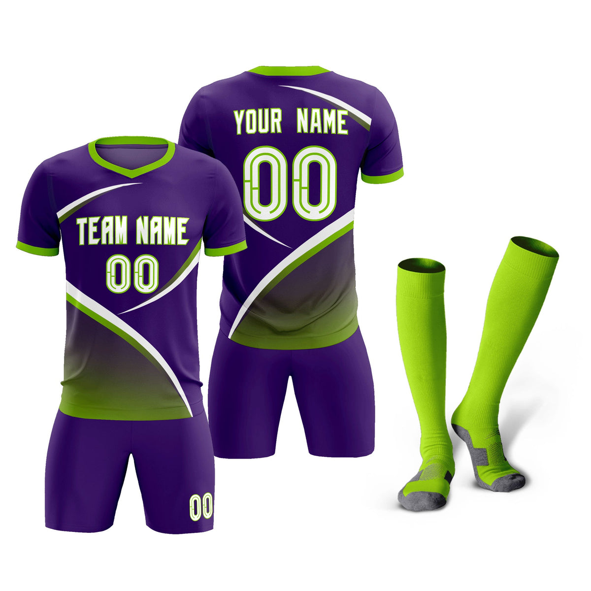 Custom Purple Neon Green Color Block Training Uniform For Men Soccer Sets Jersey