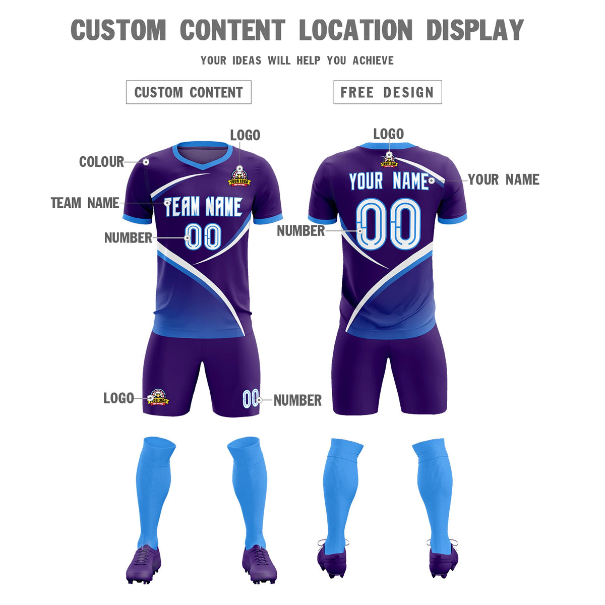 Custom Purple Powder Blue Color Block Training Uniform For Men Soccer Sets Jersey