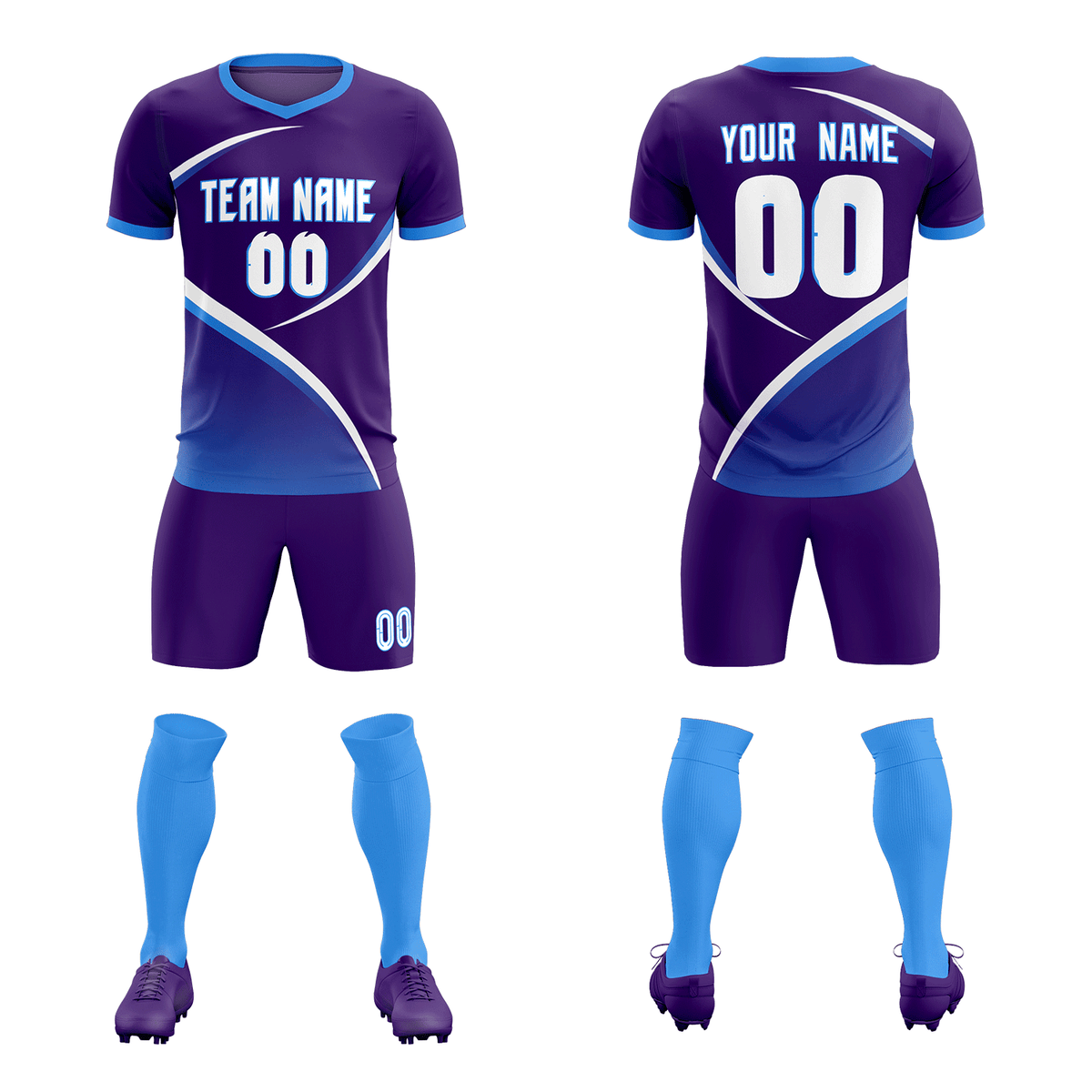 Custom Purple Powder Blue Color Block Training Uniform For Men Soccer Sets Jersey