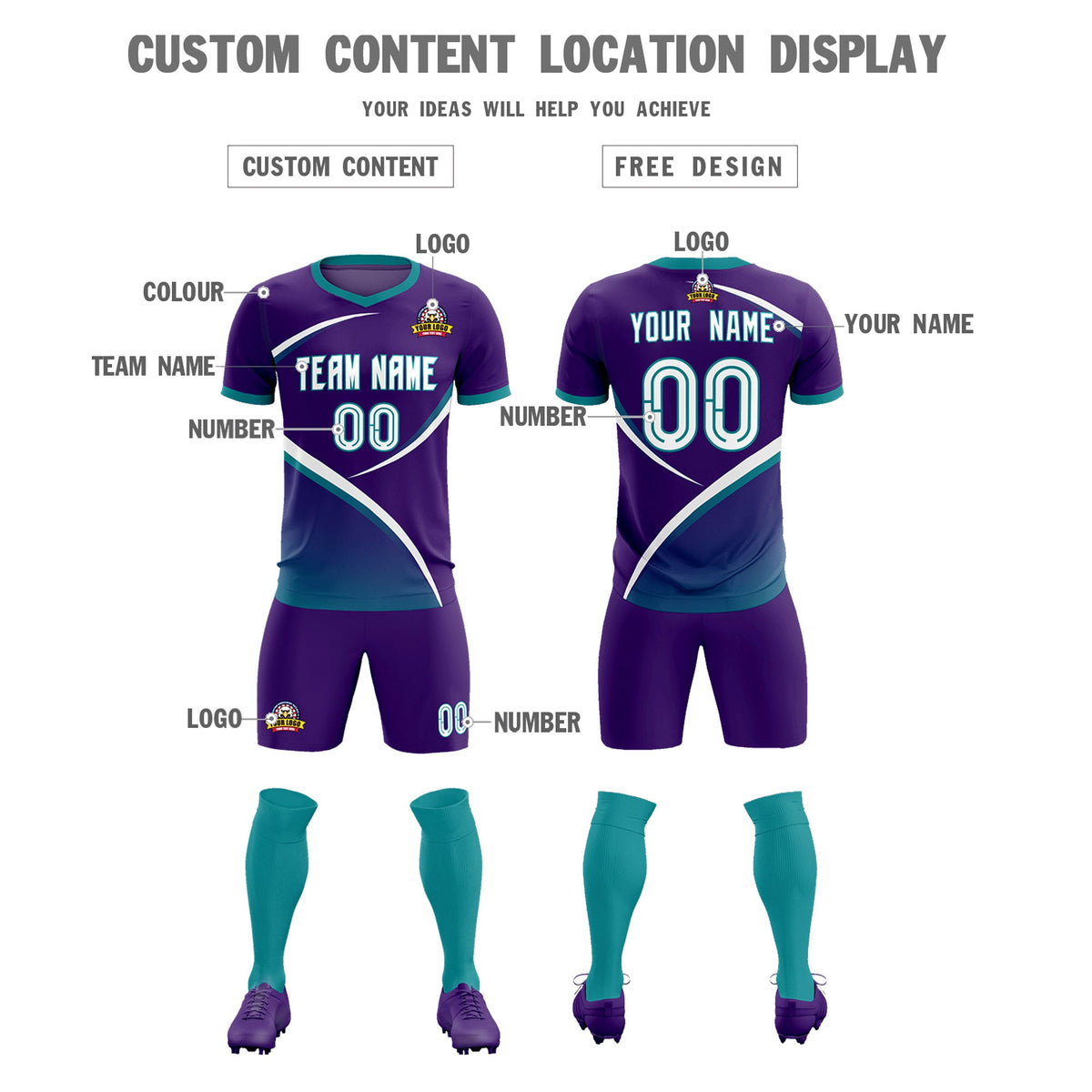 Custom Purple Aqua Color Block Training Uniform For Men Soccer Sets Jersey