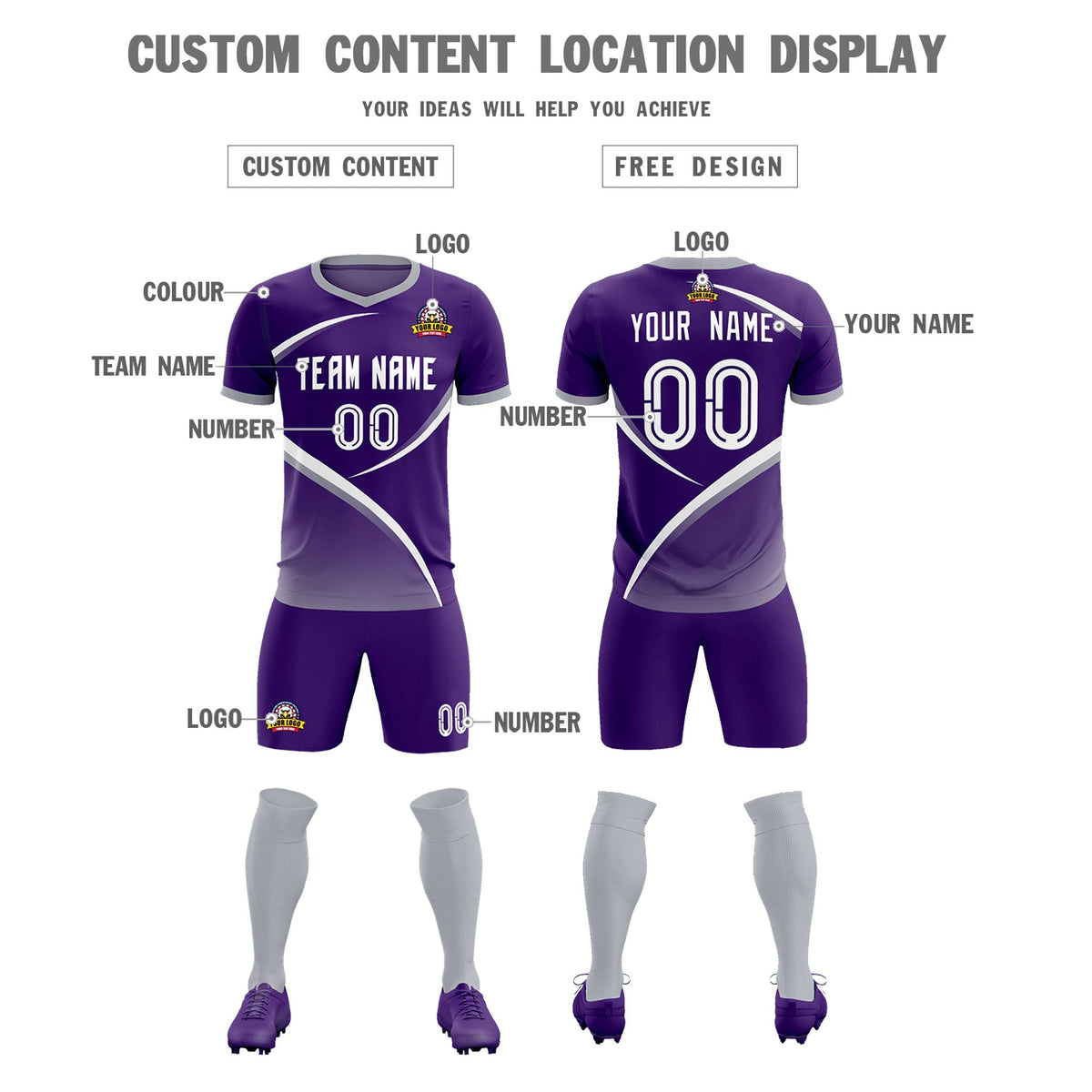 Custom Purple Gray Color Block Training Uniform For Men Soccer Sets Jersey