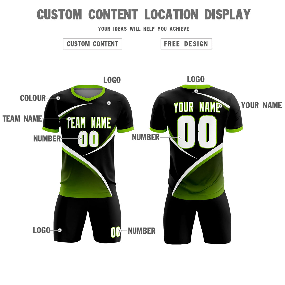 Custom Black Neon Green Color Block Training Uniform For Men Soccer Sets Jersey