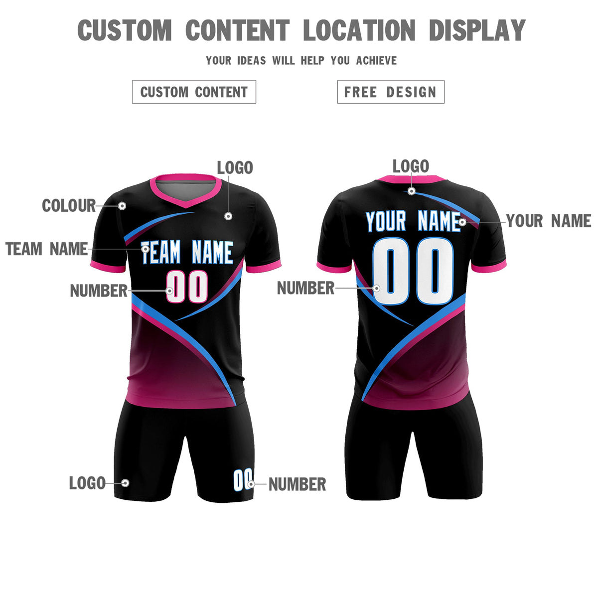 Custom Black Pink Color Block Training Uniform For Men Soccer Sets Jersey