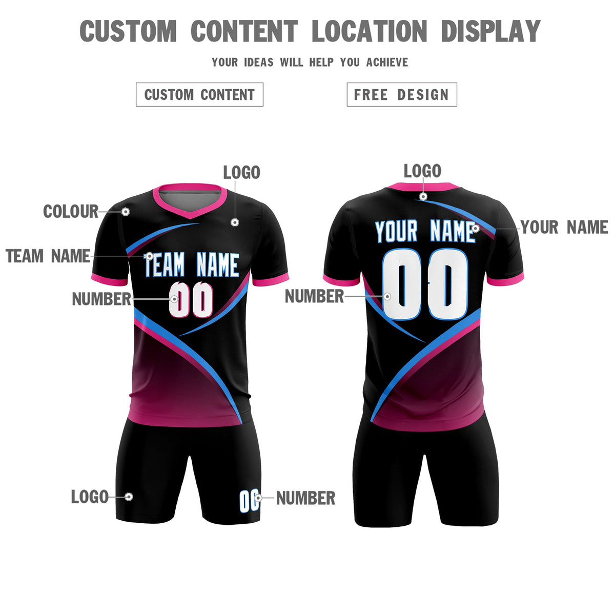 Custom Black Pink Color Block Training Uniform For Men Soccer Sets Jersey