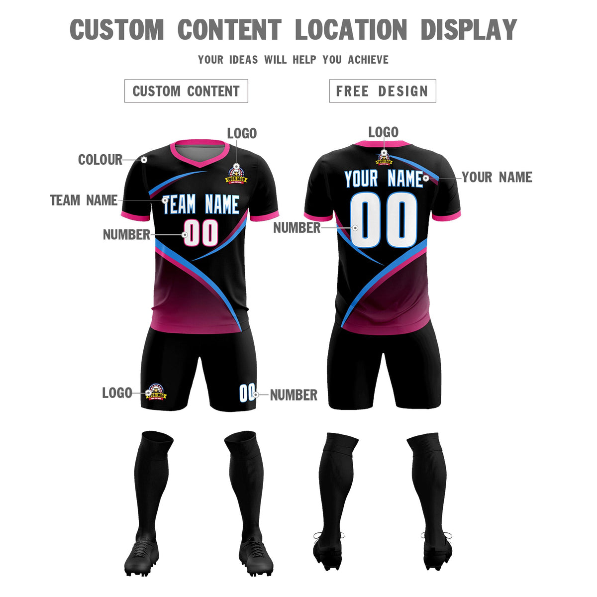 Custom Black Pink Color Block Training Uniform For Men Soccer Sets Jersey