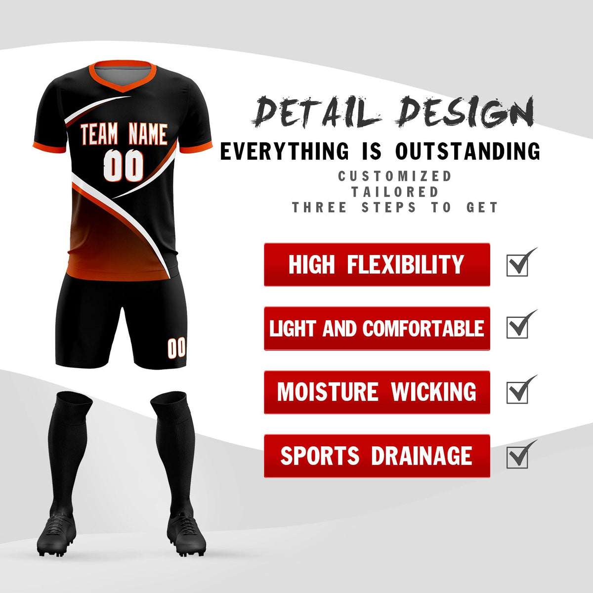 Custom Black Orange Color Block Training Uniform For Men Soccer Sets Jersey