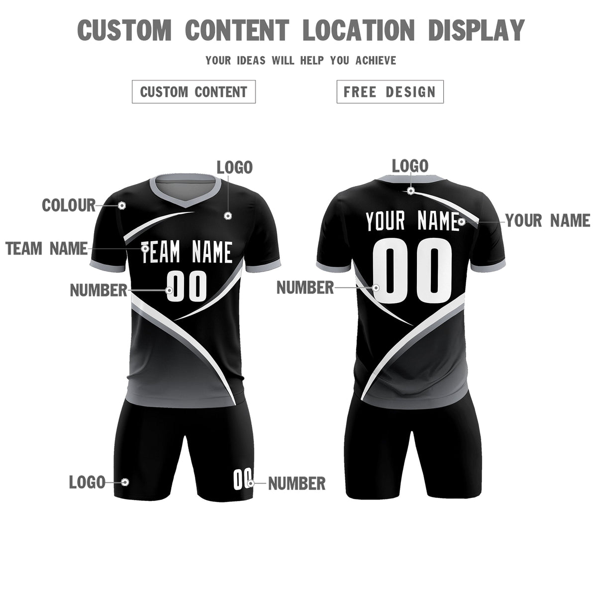 Custom Black Gray Color Block Training Uniform For Men Soccer Sets Jersey