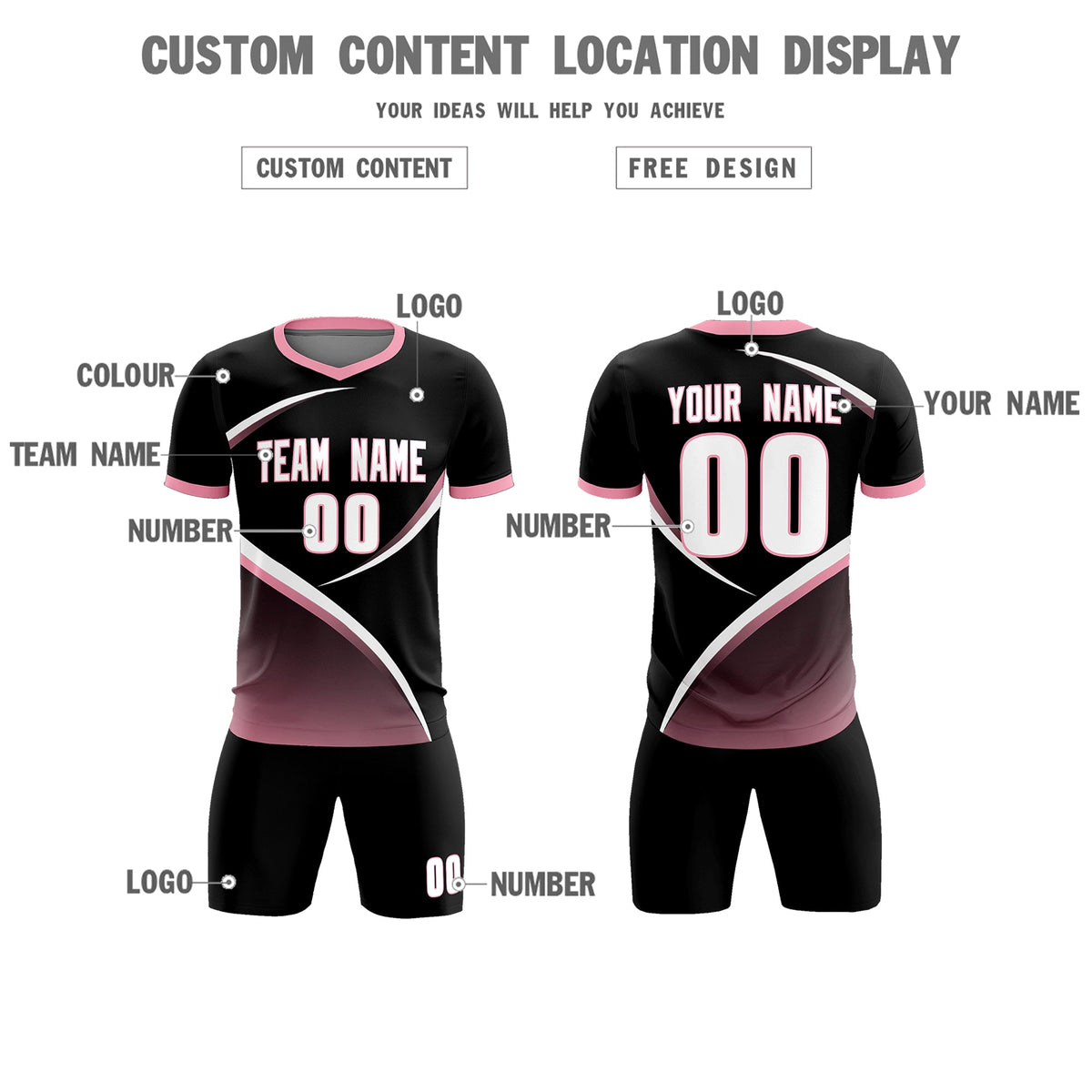 Custom Black Light Pink Color Block Training Uniform For Men Soccer Sets Jersey
