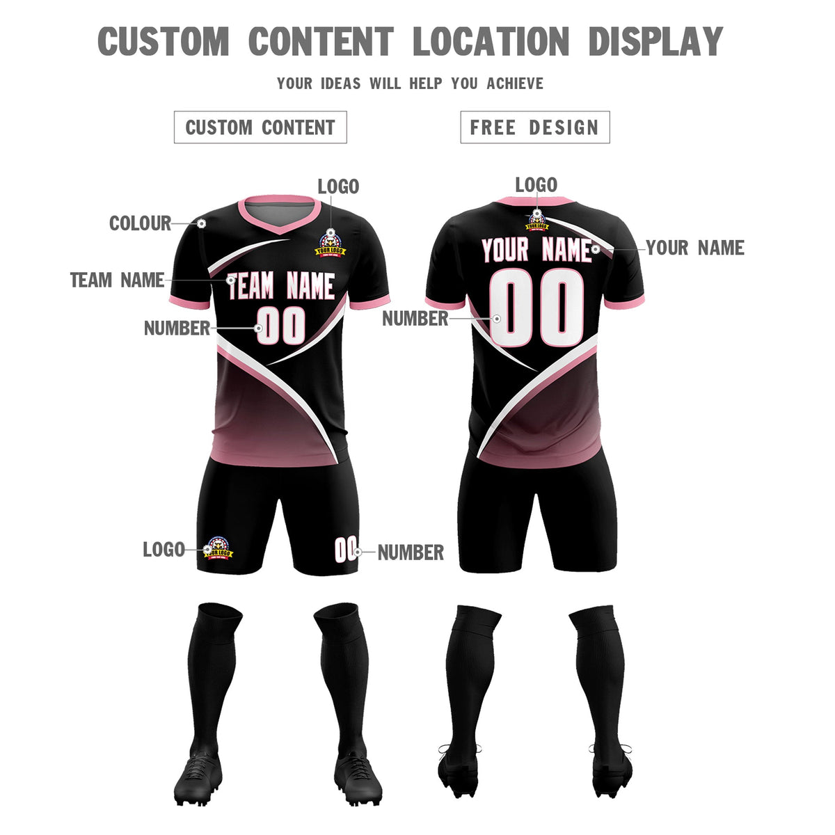 Custom Black Light Pink Color Block Training Uniform For Men Soccer Sets Jersey