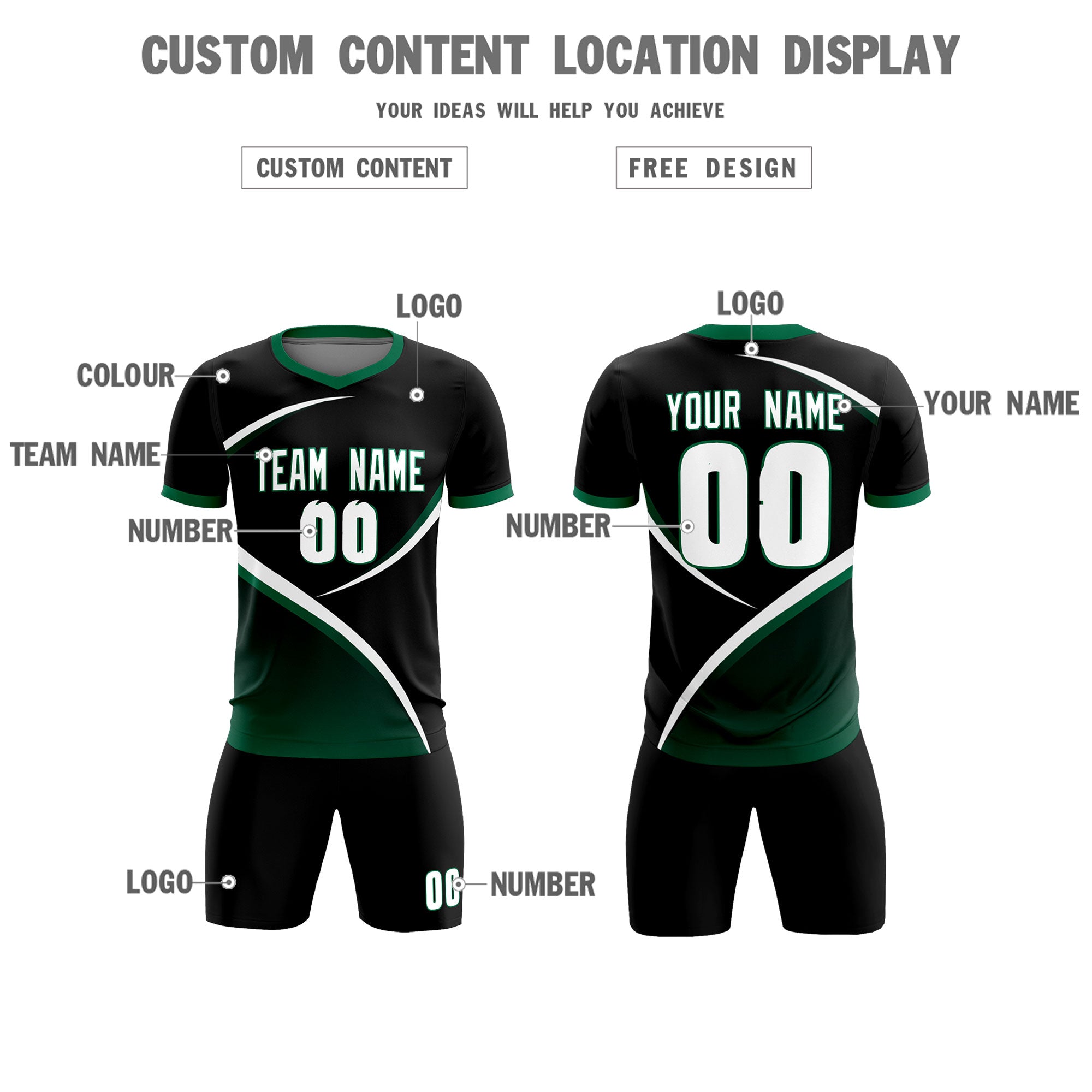 Custom Black Kelly Green Color Block Training Uniform For Men Soccer Sets Jersey