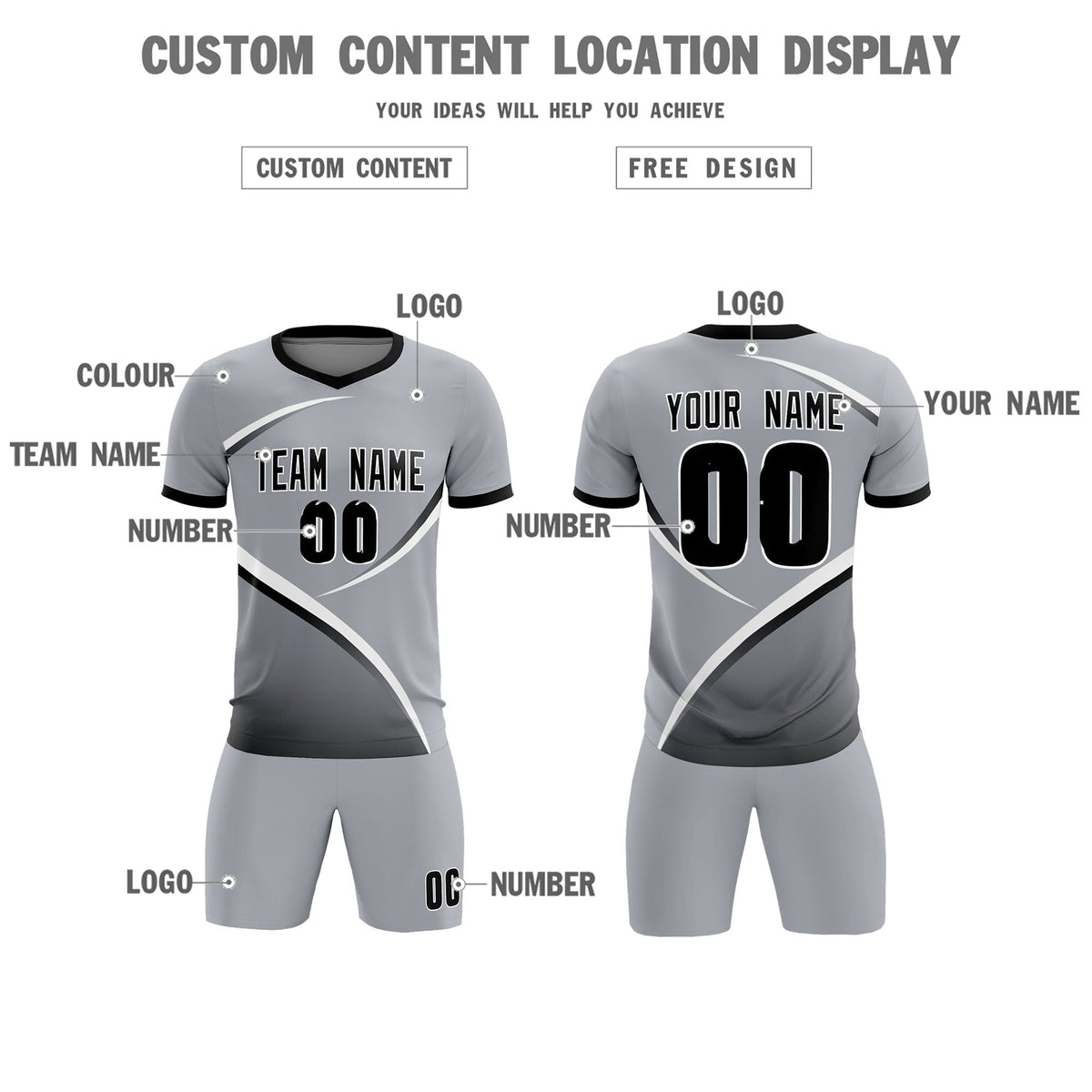 Custom Gray Black Color Block Training Uniform For Men Soccer Sets Jersey