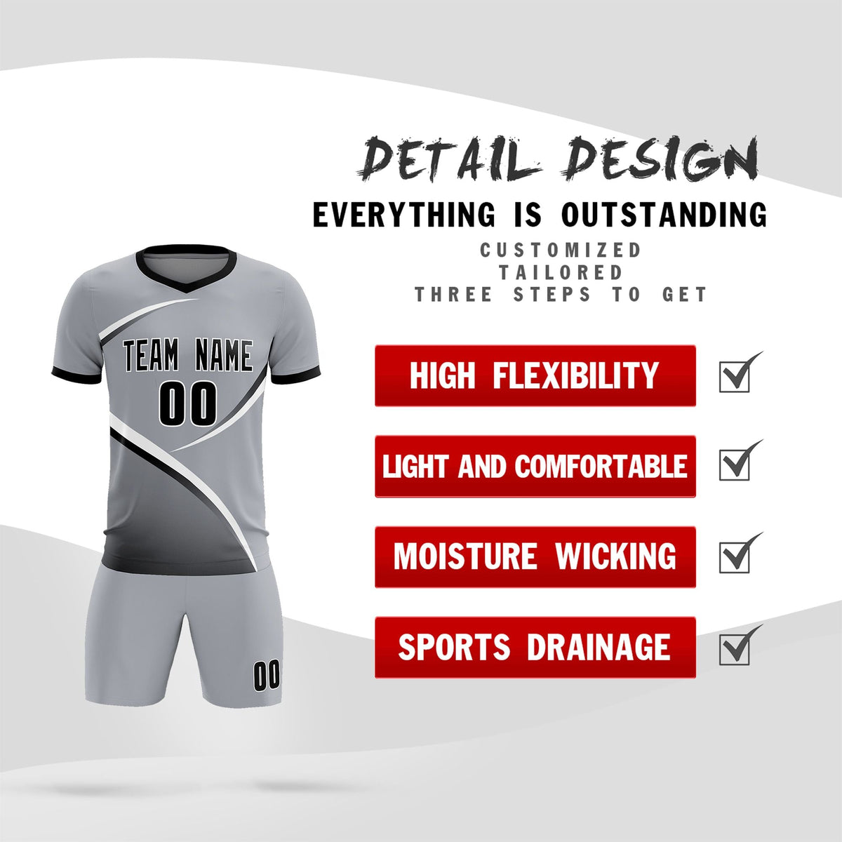 Custom Gray Black Color Block Training Uniform For Men Soccer Sets Jersey