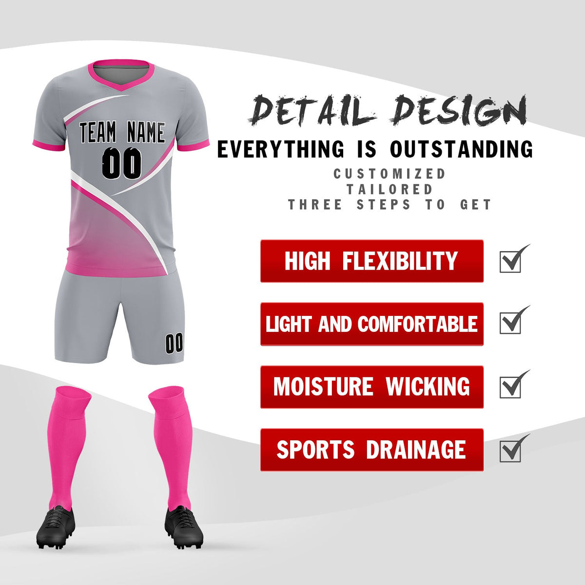 Custom Gray Pink Color Block Training Uniform For Men Soccer Sets Jersey
