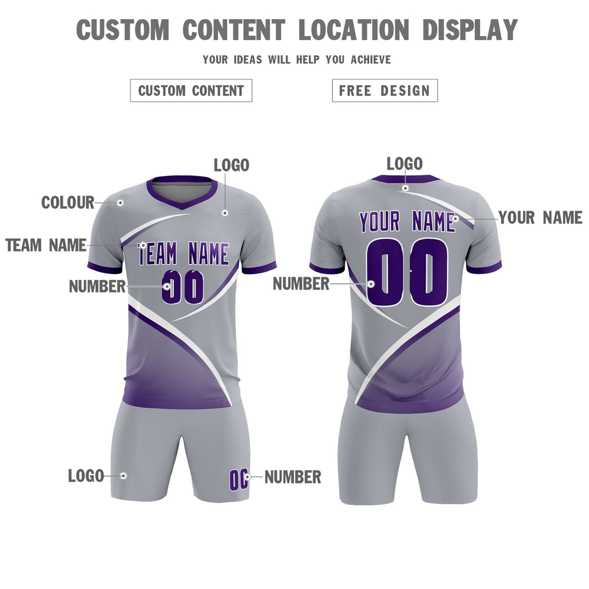 Custom Gray Purple Color Block Training Uniform For Men Soccer Sets Jersey