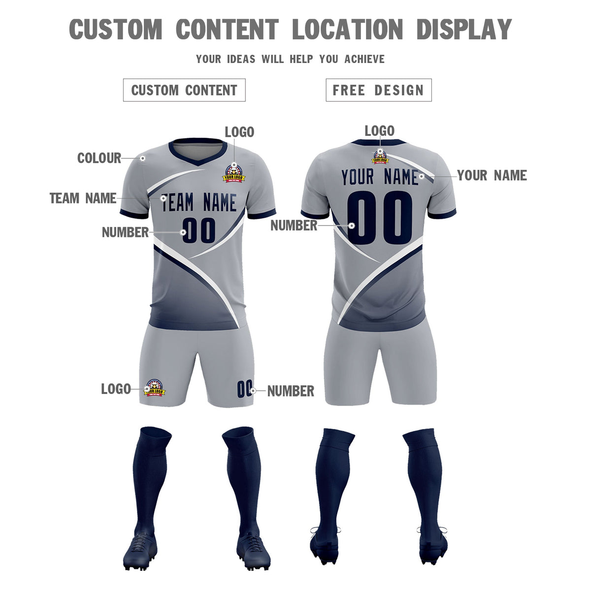 Custom Gray Navy Color Block Training Uniform For Men Soccer Sets Jersey