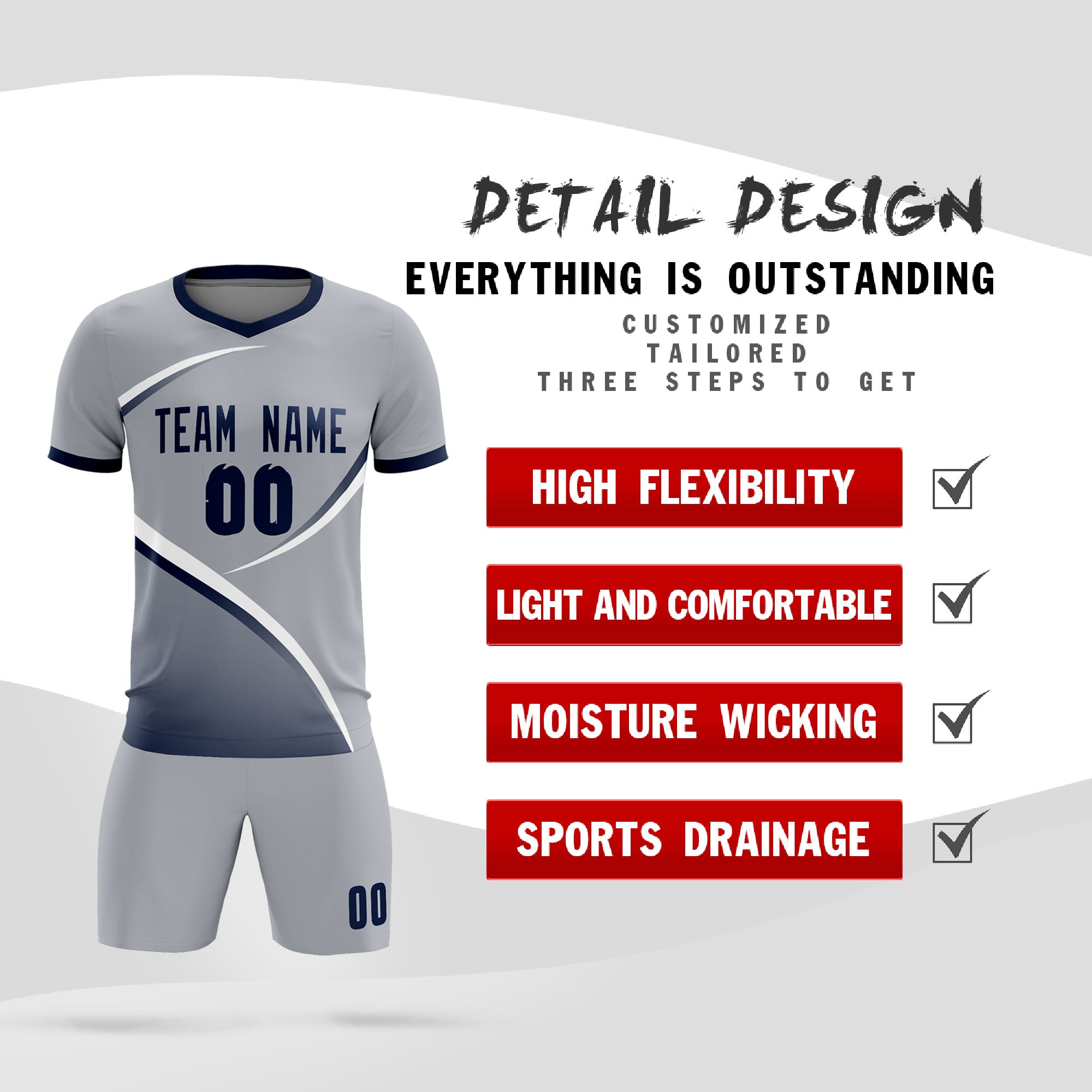 Custom Gray Navy Color Block Training Uniform For Men Soccer Sets Jersey