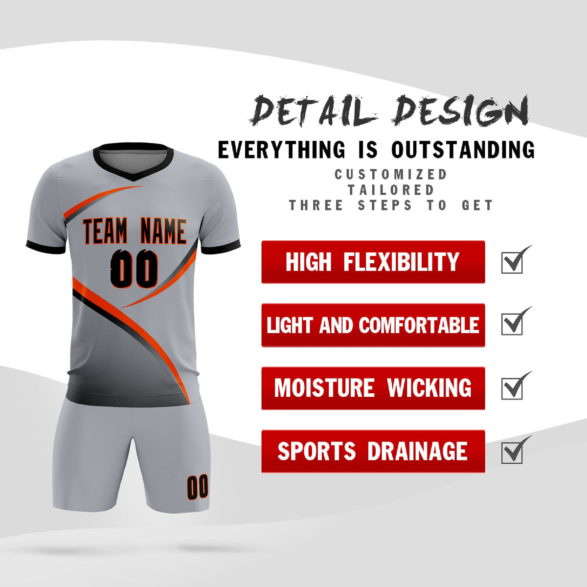 Custom Gray Black Color Block Training Uniform For Men Soccer Sets Jersey