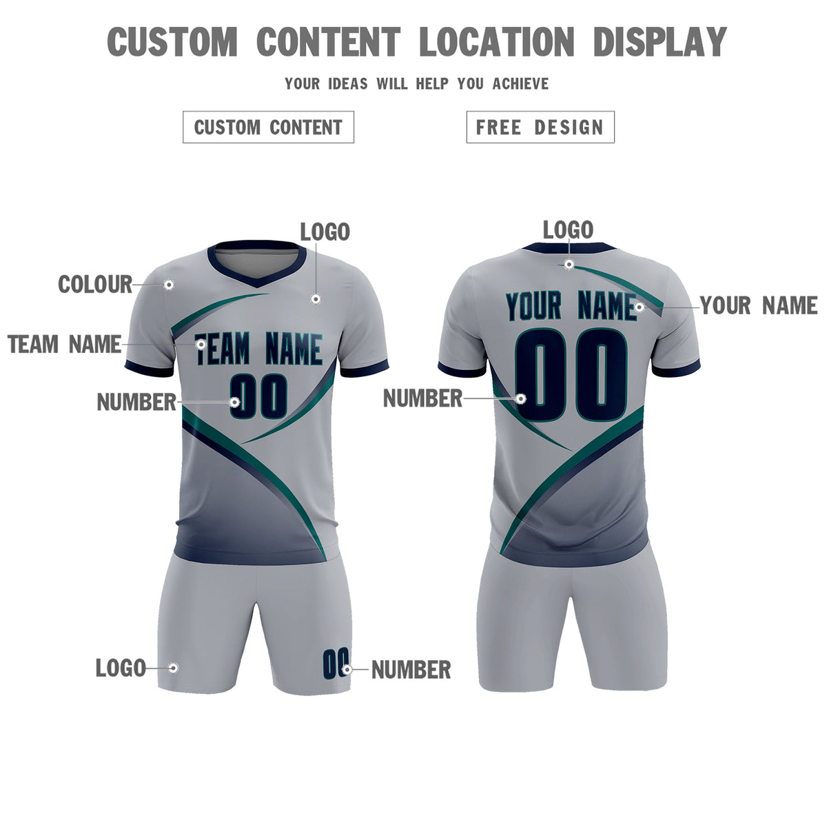 Custom Gray Navy Color Block Training Uniform For Men Soccer Sets Jersey