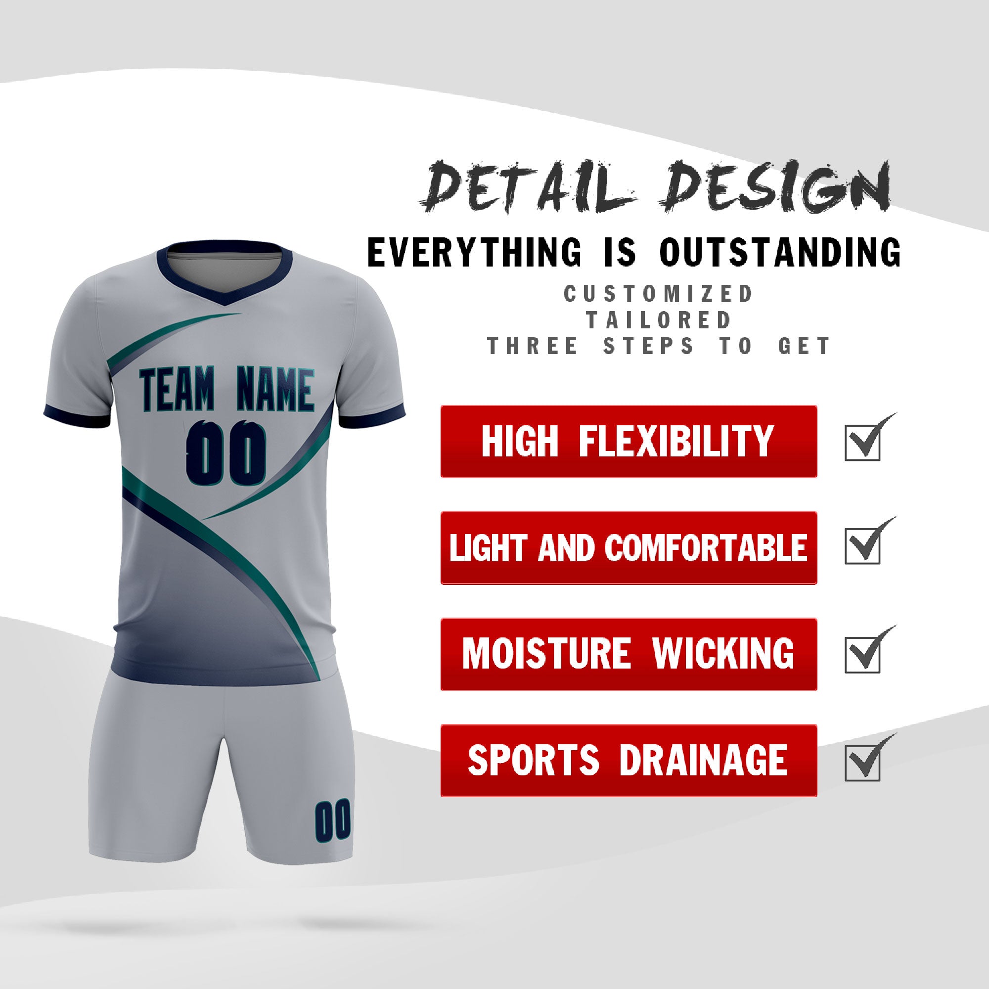 Custom Gray Navy Color Block Training Uniform For Men Soccer Sets Jersey
