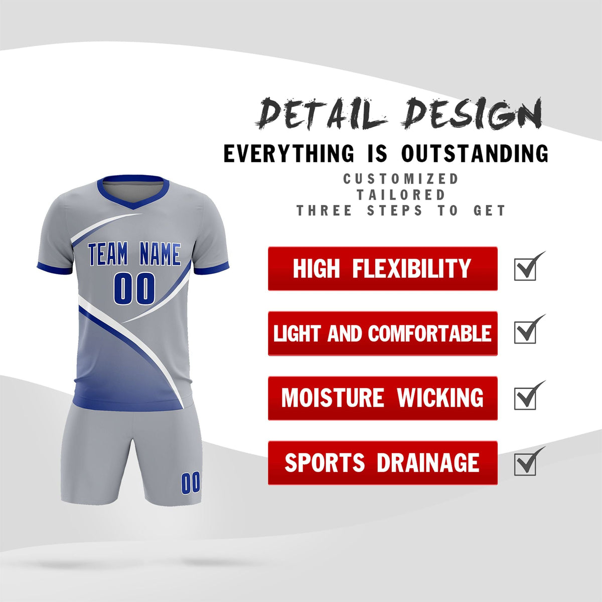 Custom Gray Royal Color Block Training Uniform For Men Soccer Sets Jersey