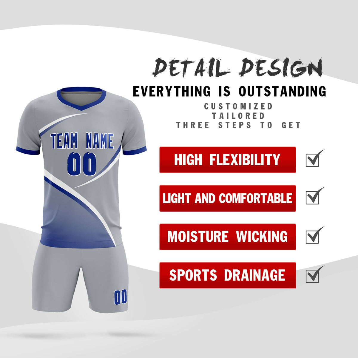 Custom Gray Royal Color Block Training Uniform For Men Soccer Sets Jersey