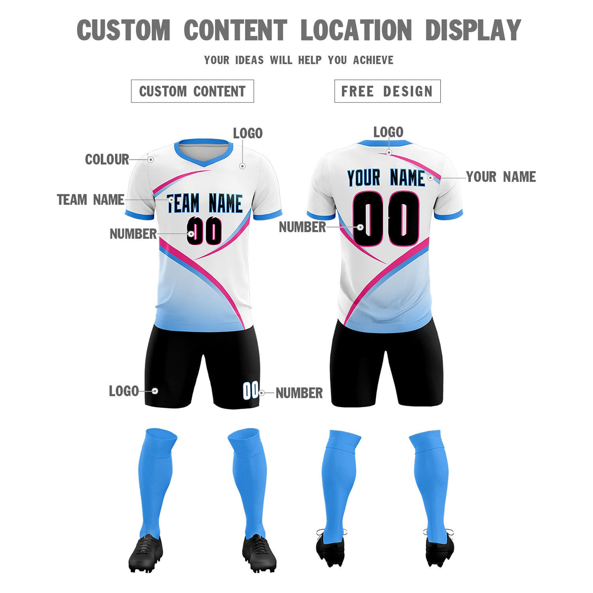 Custom White Powder Blue Color Block Training Uniform For Men Soccer Sets Jersey
