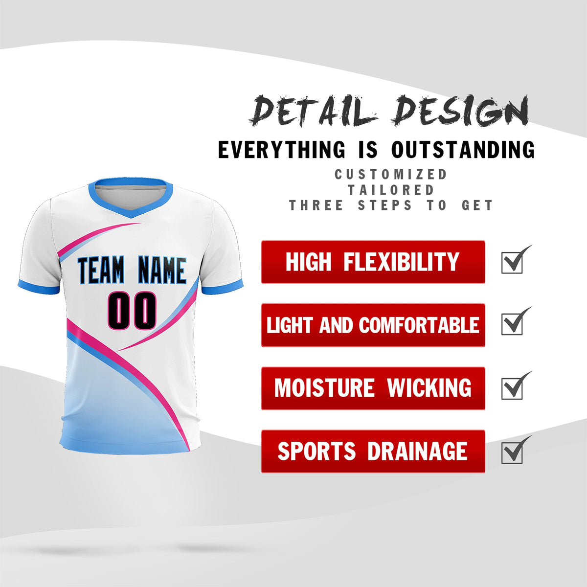 Custom White Powder Blue Color Block Training Uniform For Men Soccer Sets Jersey
