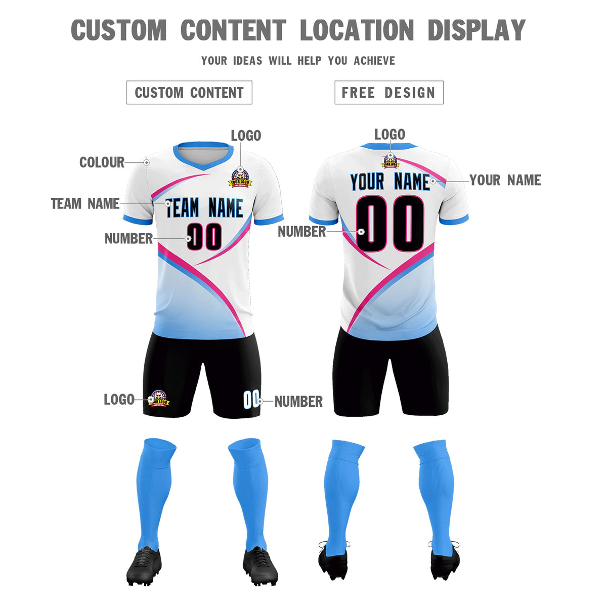 Custom White Powder Blue Color Block Training Uniform For Men Soccer Sets Jersey