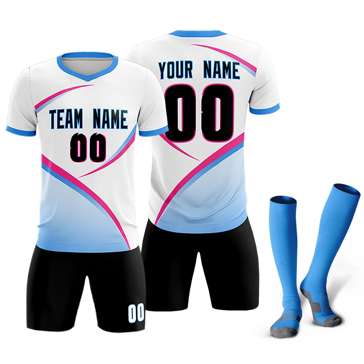 Custom White Powder Blue Color Block Training Uniform For Men Soccer Sets Jersey