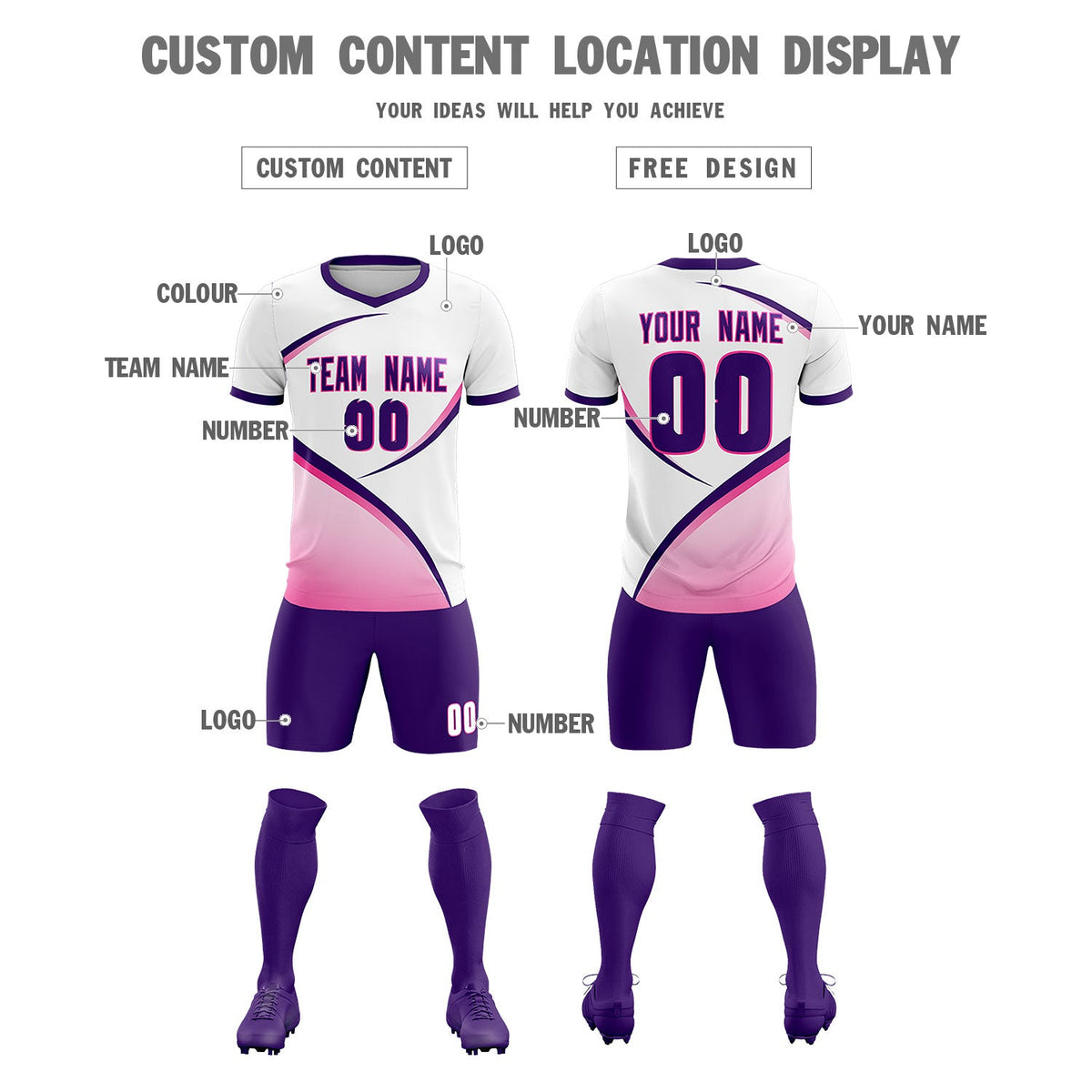 Custom White Purple Color Block Training Uniform For Men Soccer Sets Jersey