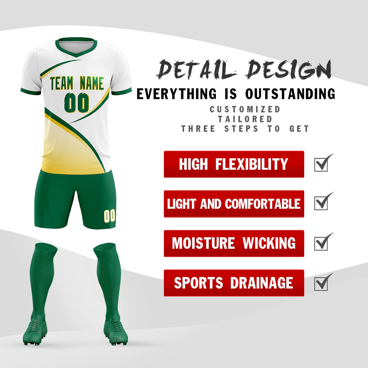 Custom White Kelly Green Color Block Training Uniform For Men Soccer Sets Jersey