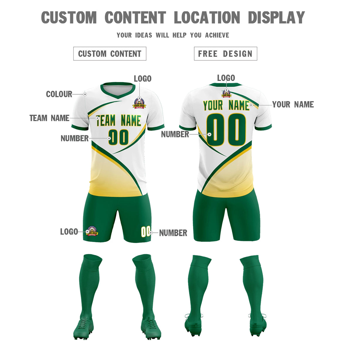 Custom White Kelly Green Color Block Training Uniform For Men Soccer Sets Jersey