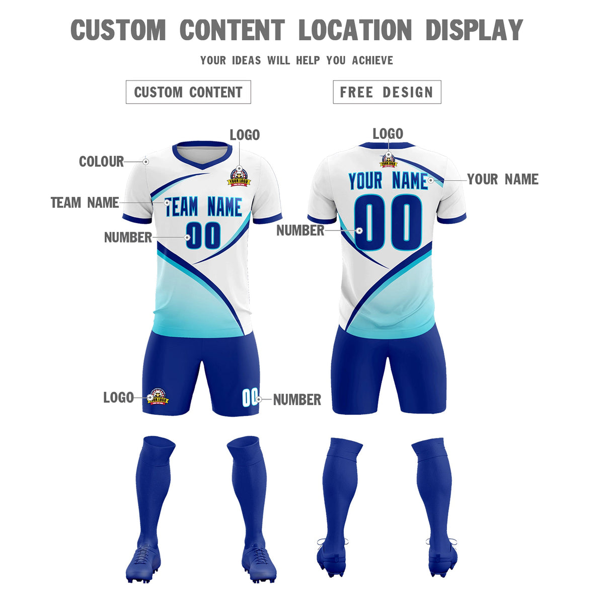 Custom White Sky Blue Color Block Training Uniform For Men Soccer Sets Jersey