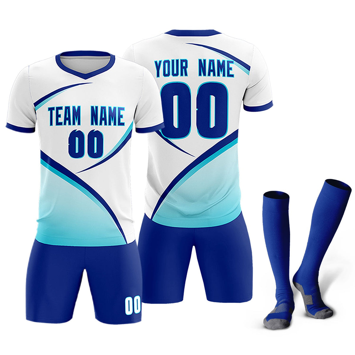 Custom White Sky Blue Color Block Training Uniform For Men Soccer Sets Jersey