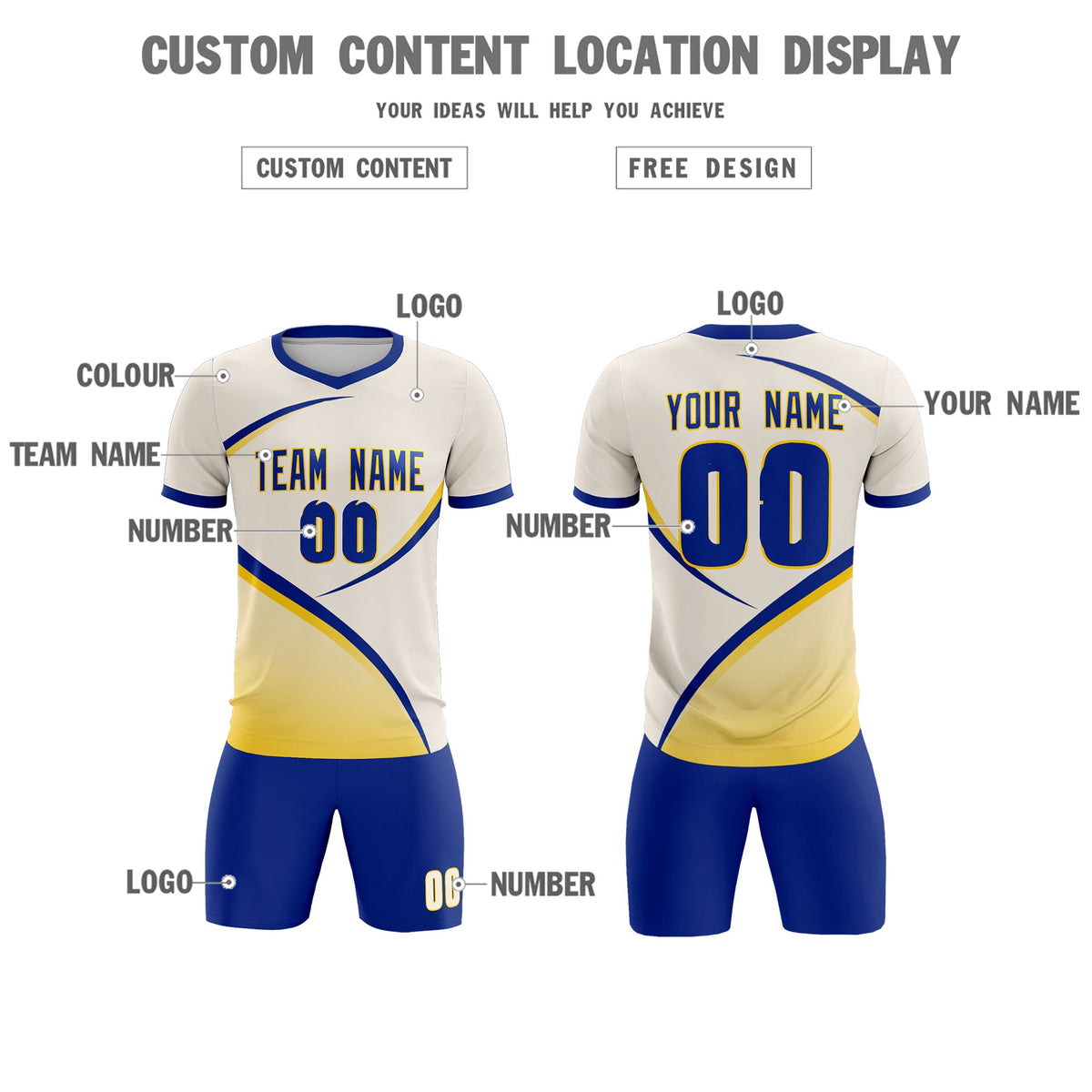 Custom Cream Royal Color Block Training Uniform For Men Soccer Sets Jersey
