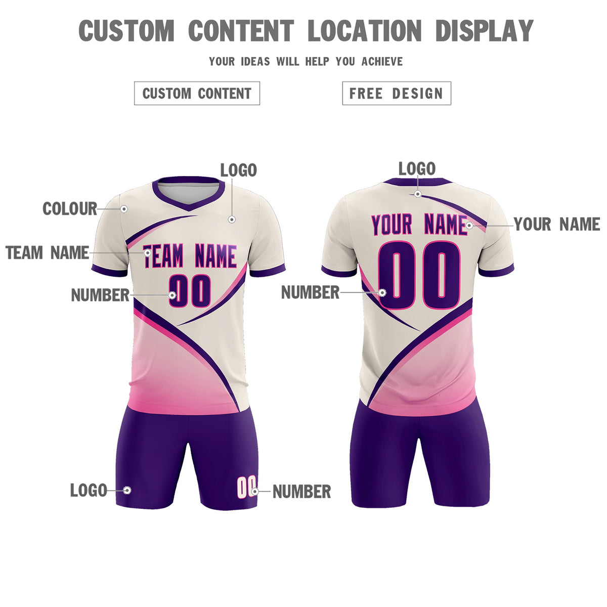 Custom Cream Purple Color Block Training Uniform For Men Soccer Sets Jersey