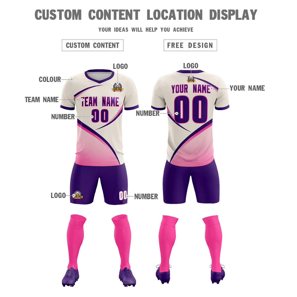 Custom Cream Purple Color Block Training Uniform For Men Soccer Sets Jersey