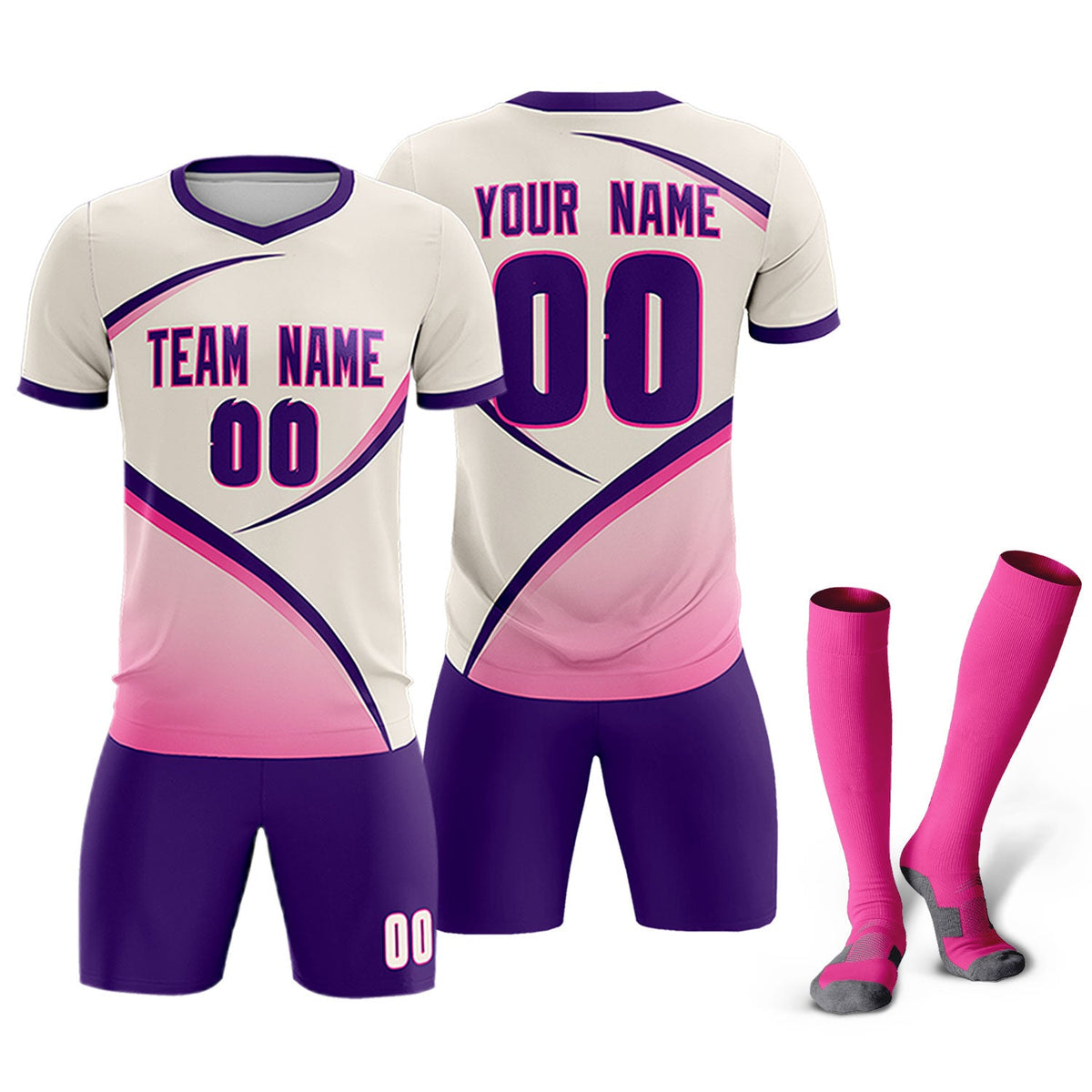 Custom Cream Purple Color Block Training Uniform For Men Soccer Sets Jersey