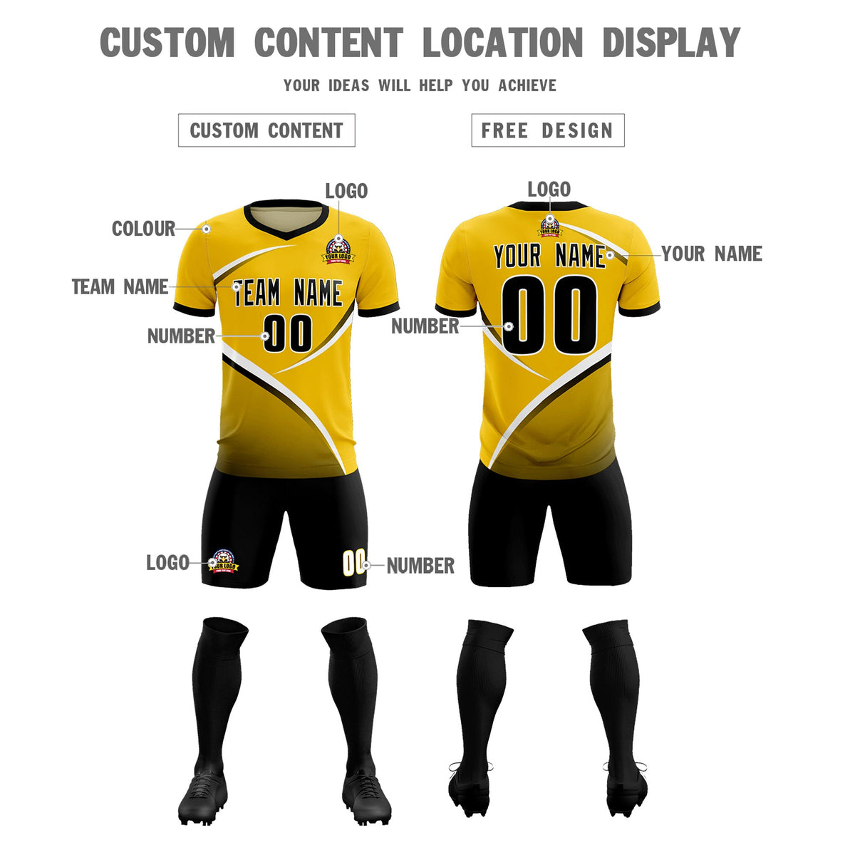 Custom Gold Black Color Block Training Uniform For Men Soccer Sets Jersey