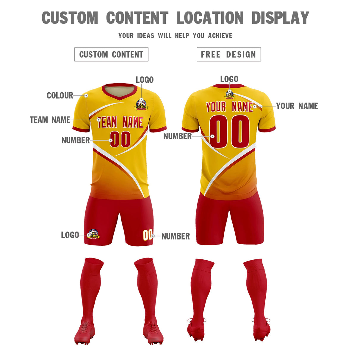 Custom Gold Red Color Block Training Uniform For Men Soccer Sets Jersey