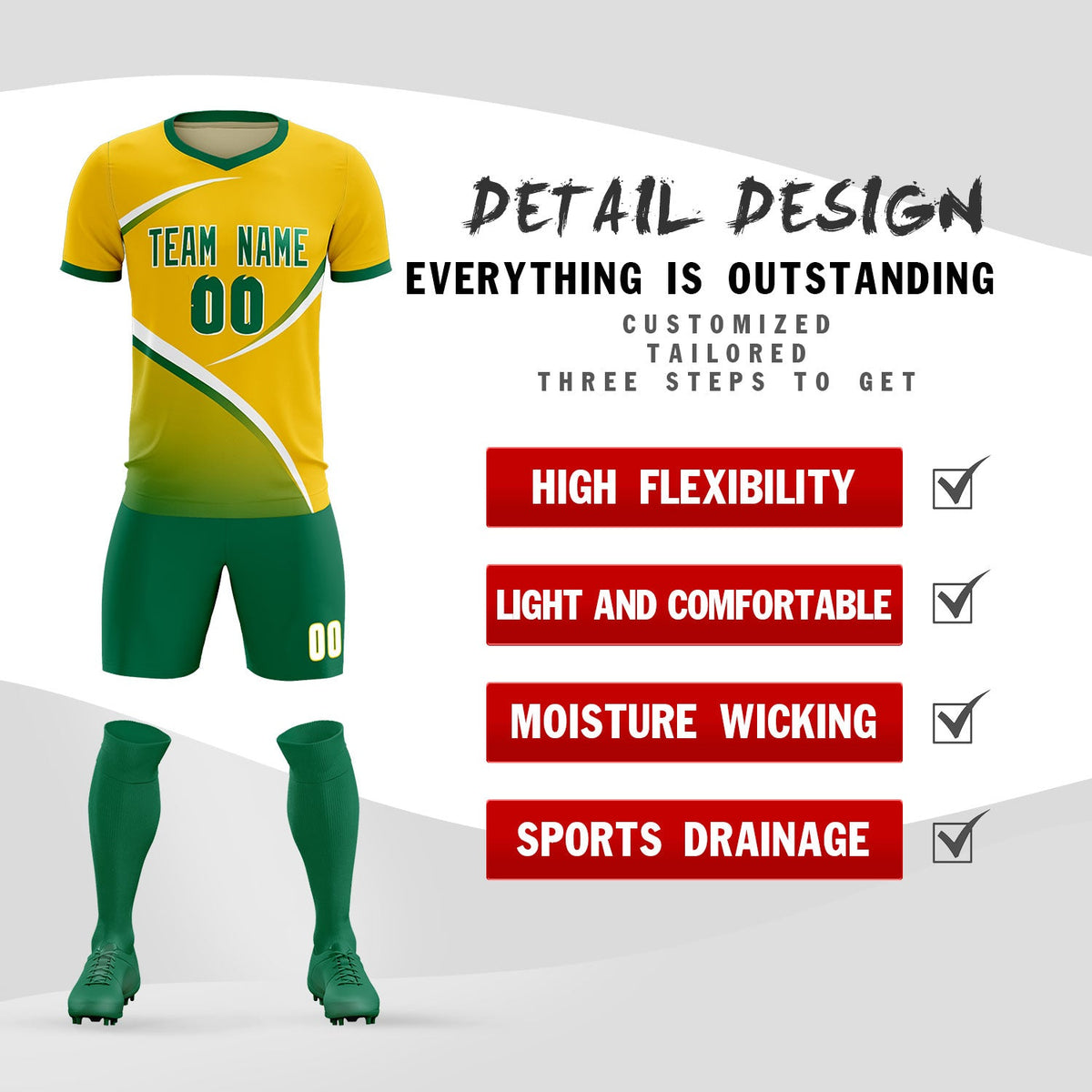 Custom Gold Kelly Green Color Block Training Uniform For Men Soccer Sets Jersey