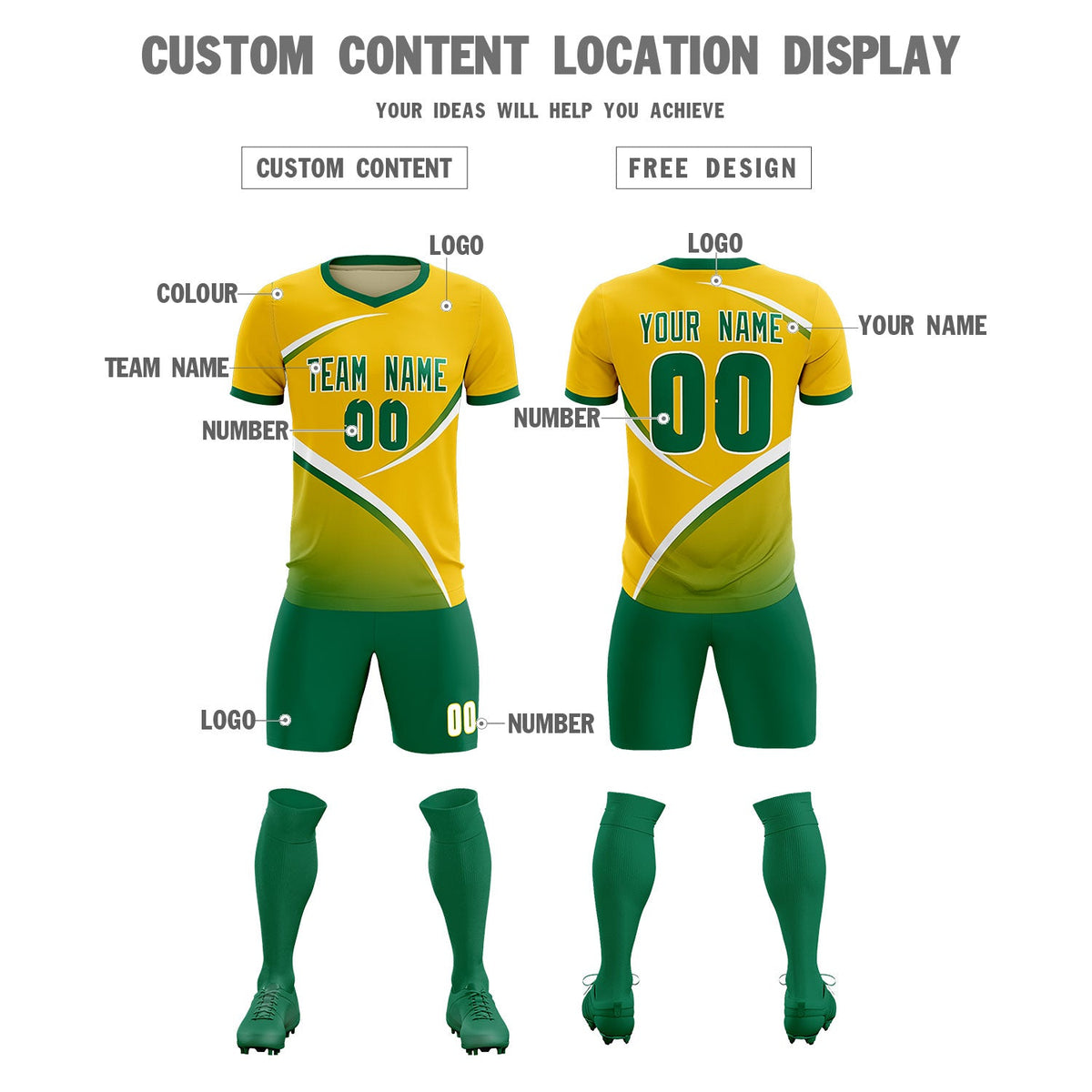 Custom Gold Kelly Green Color Block Training Uniform For Men Soccer Sets Jersey