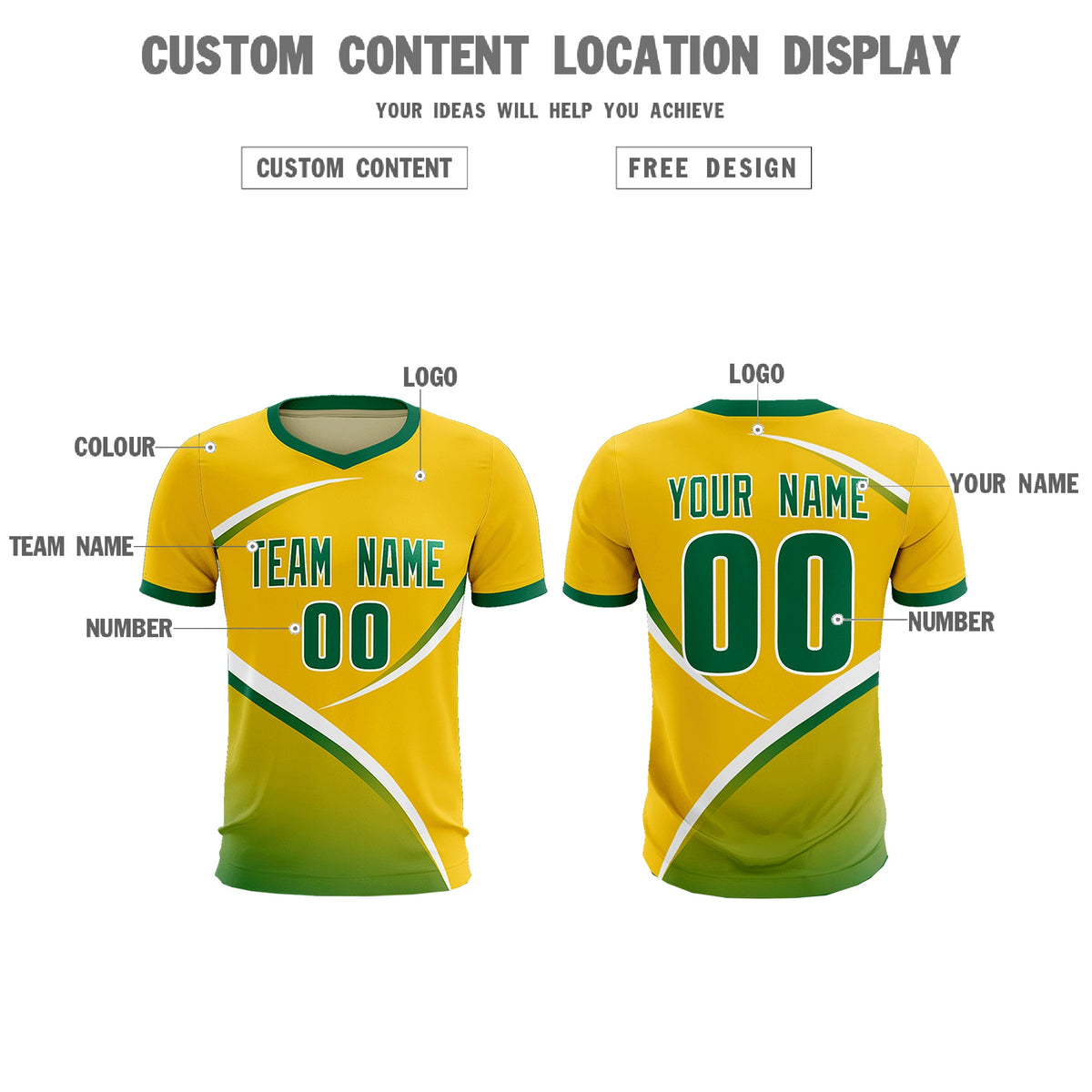Custom Gold Kelly Green Color Block Training Uniform For Men Soccer Sets Jersey