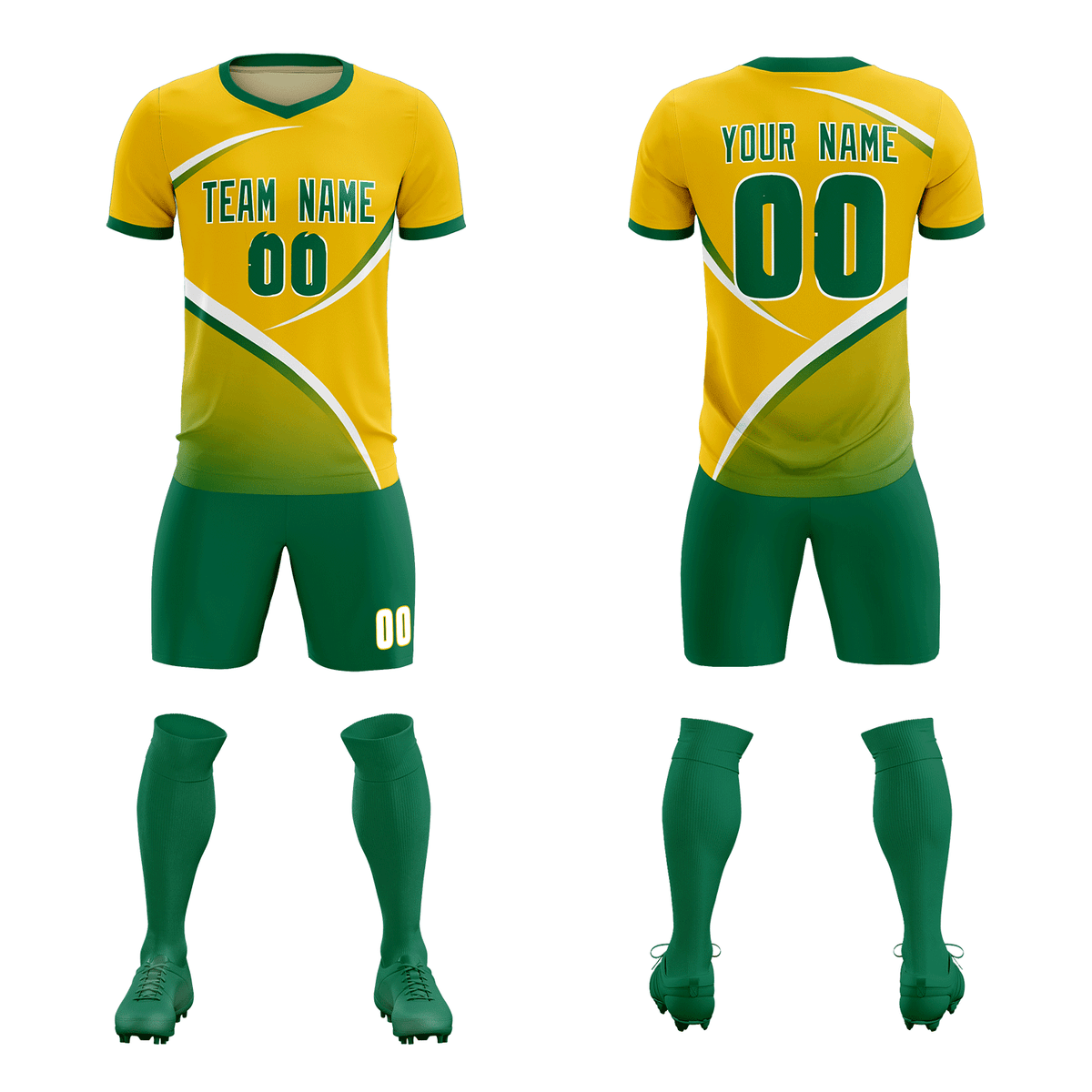 Custom Gold Kelly Green Color Block Training Uniform For Men Soccer Sets Jersey